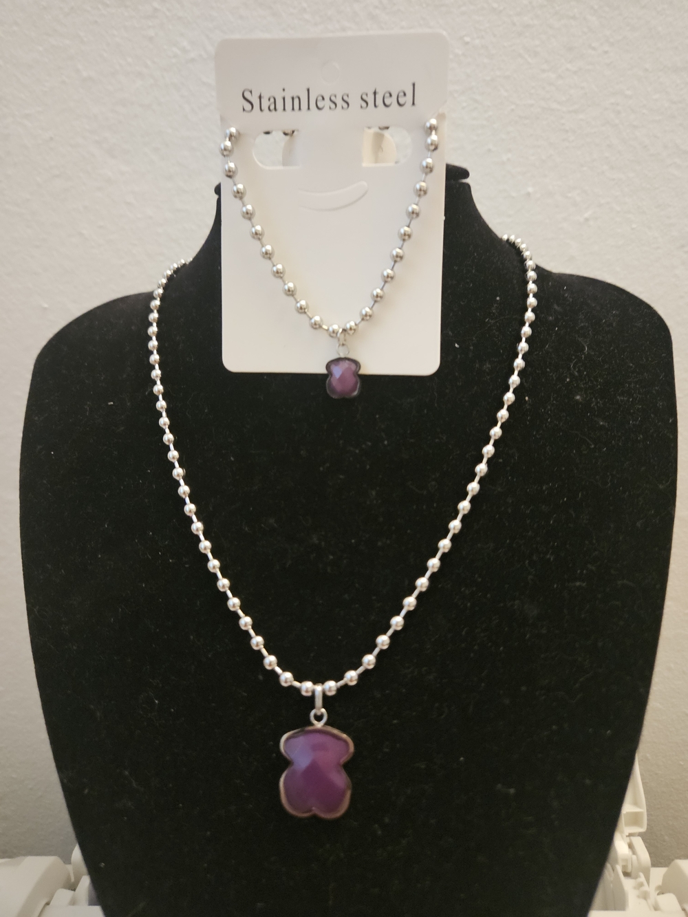 Stainless Steel Purple Teddy Pendant Necklace Set